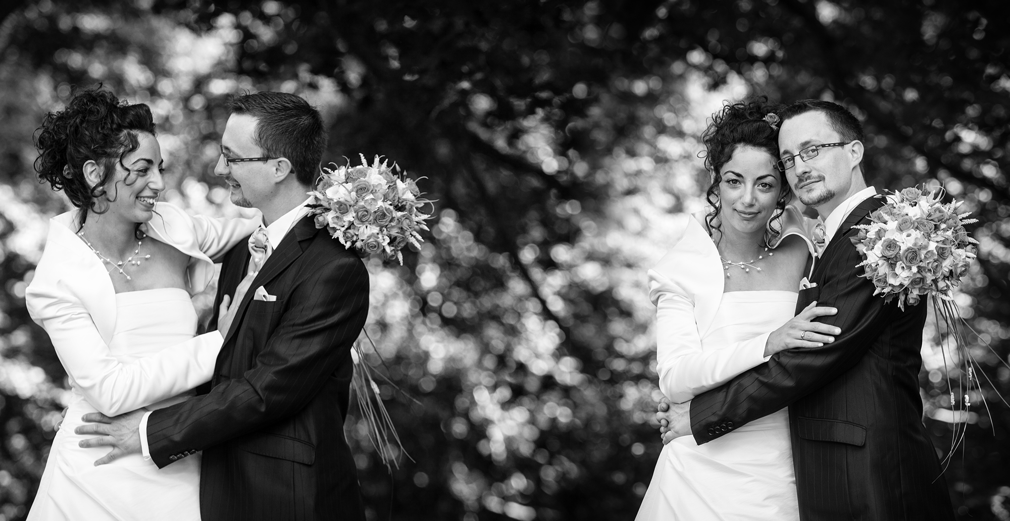 Les mariés au bord d'un étang, en noir & blanc